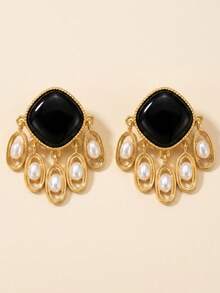 1 Pair Vintage Palace Style Black Square Oil Drop & Gold Pearl Tassel Earrings, Classic Black & Gold Color Scheme With Multi-Layered Draping Structure Design, Suitable For Women Seeking Elegant Elegant And Dramatic Styling, Combining Vintage Nobility With Contemporary Fashion Sense, Perfect For Urban Women Who Love Exquisite Details And Value Occasion Expression - Multicolor - View 4