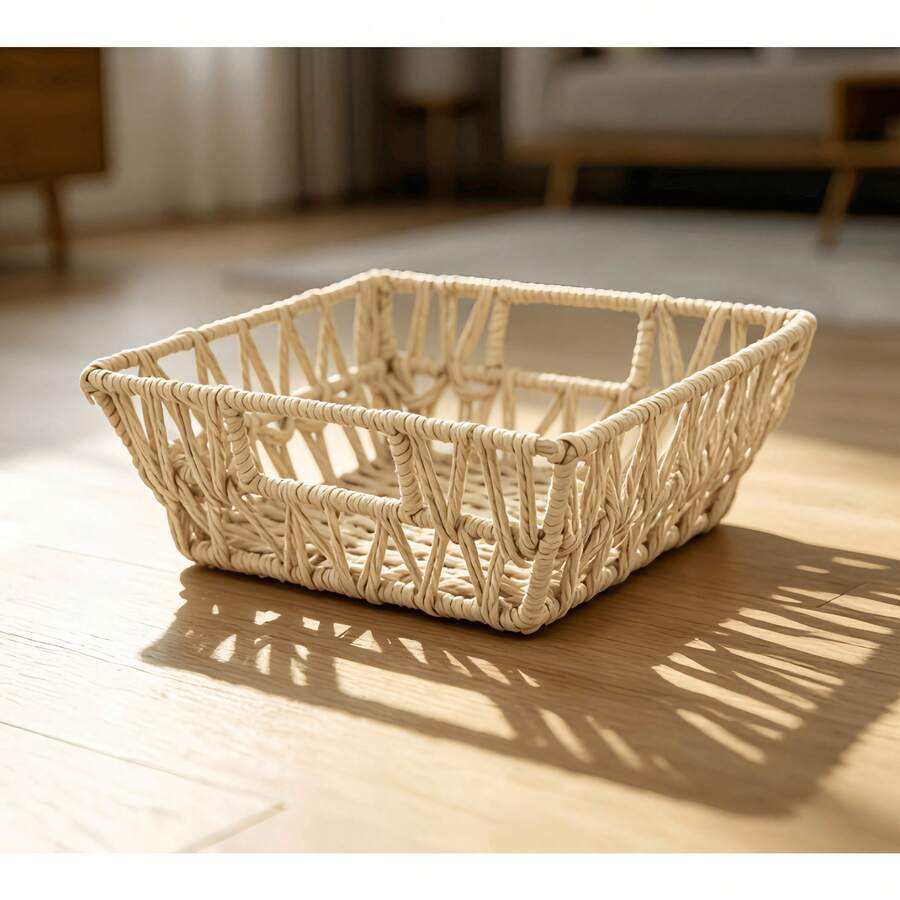 Simple Square PVC Rattan Storage Basket, Beige, Gray, White, Hand-Woven Breathable Structure For Home & Dorm Use, Sundry Organizer, Fruit Container, Desktop Arrangement Bin - Storage Baskets - View 1
