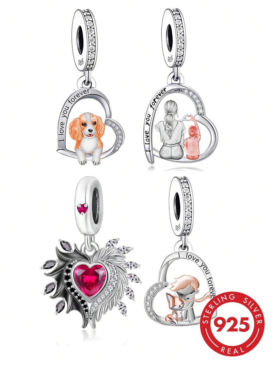 1pc 925 Sterling Silver Eternal Love Pendant Set, Rose Gold Plated Family Pet Angel Wings Cubic Zirconia Pendant, Meaningful Gift For Women With Sensitive Skin - Silver - View 1