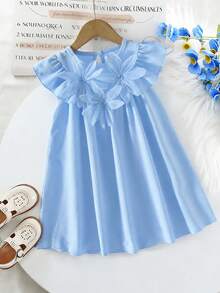 Gaun Pesta Musim Panas Anak Perempuan yang Sederhana, Elegan, Modis, Berkerah Bulat, Lengan Bergelombang, Warna Biru Polos, Motif Bunga 3D - Baby Blue - View 2