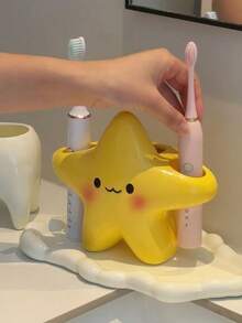 1PcCute Star Toothbrush Holder, Cute Expression Design-Independent Space-Saving Plastic Bathroom Storage Box, Durable Star Toothbrush Toothpaste Storage Device, Open Design Room Bathroom Storage Couple Multi-Functional Shelf. - Yellow - View 4