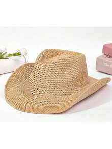 1 pieza Sombrero de paja para mujer, estilo bohemio de fibra de poliéster de moda para exteriores, nuevo estilo, ala ancha, protección solar personalizada, transpirable, unicolor, adecuado para viajes diarios al aire libre - Multicolor - Ver 15
