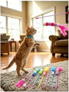 1pc Pink Cat Teaser Wand Toy Fairy Wand Fur Ball Cat Teaser Stick Cat Feather Bell Cat Teaser Toy Interactive Entertainment Cute Design, Used For Indoor Play Interactive Toy Pet Accessories Ball And Stick Color Optional - Multicolor - View 8