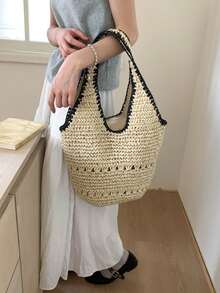Tas Anyaman Jerami Ringan Bergaya, Desain Minimalis, Tas Pantai Multifungsi untuk Liburan, Kapasitas Besar Cocok untuk Perjalanan dan Liburan - Krem - View 8