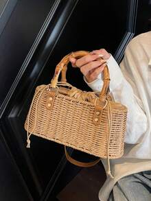 Tas Tangan Anyaman Model Baru, Tas Selempang Bahu, Tas untuk Liburan, Pantai, dan Perjalanan - Khaki - View 6