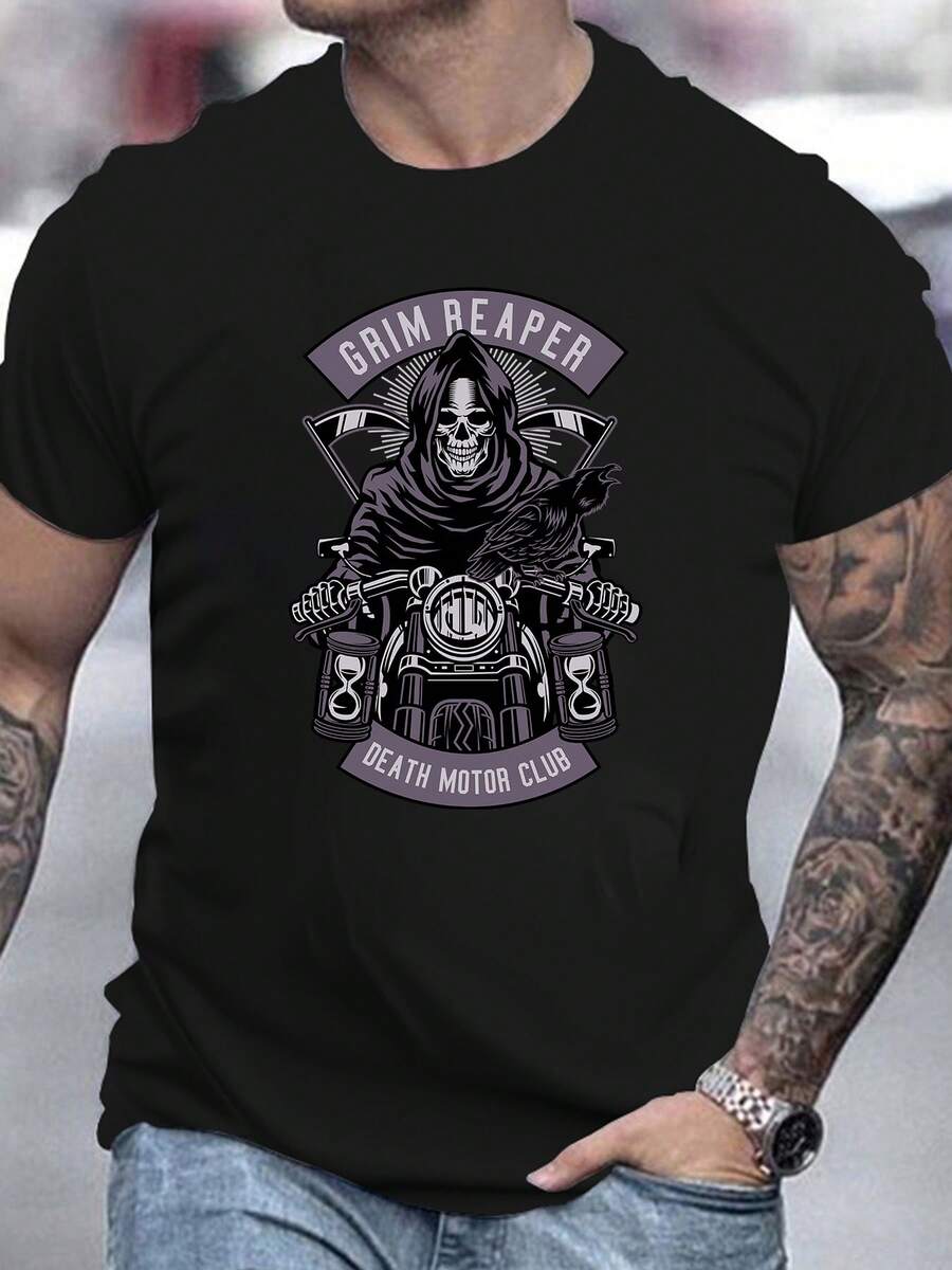 Men's Pure Cotton Oversized Short-Sleeve T-Shirt Graphic Print Grim Reaper Motorcycle Casual Daily Top - Black - View 1
