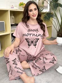 Plus Size Casual Comfortable Butterfly Print Short Sleeve Long Pants Women's Loungewear 2 Pieces Pajama Set - Pink - View 4
