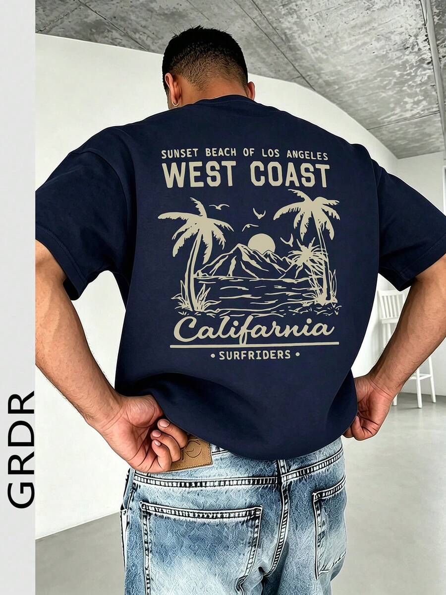GRDR Men's Fashionable Printed Loose Short Sleeve T-Shirt | Exquisite Design | Summer Essential | Easy To Match, Showcasing Your Style - Navy Blue - View 1