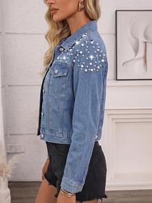 Women's Retro Cotton Studded Denim Jacket Casual - Light Wash - View 5