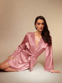 French Style Premium Faux Silk Satin Robe For Women, V-Neck Long Sleeve Tie Waist Short Morning Robe, Sexy Loungewear - Pink - View 7
