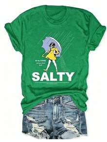 Plus Size Salty With Umbrella Graphic Tee - Vintage Style Summer Beachwear For Women, Perfect For Vacation And Everyday Wear, T-Shirt-Unisex - 綠色 - 查看 7