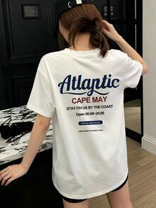 女款時尚夏季寬鬆圓領極簡百搭字母印花短袖T恤休閒白色 - 白色 - 查看 1
