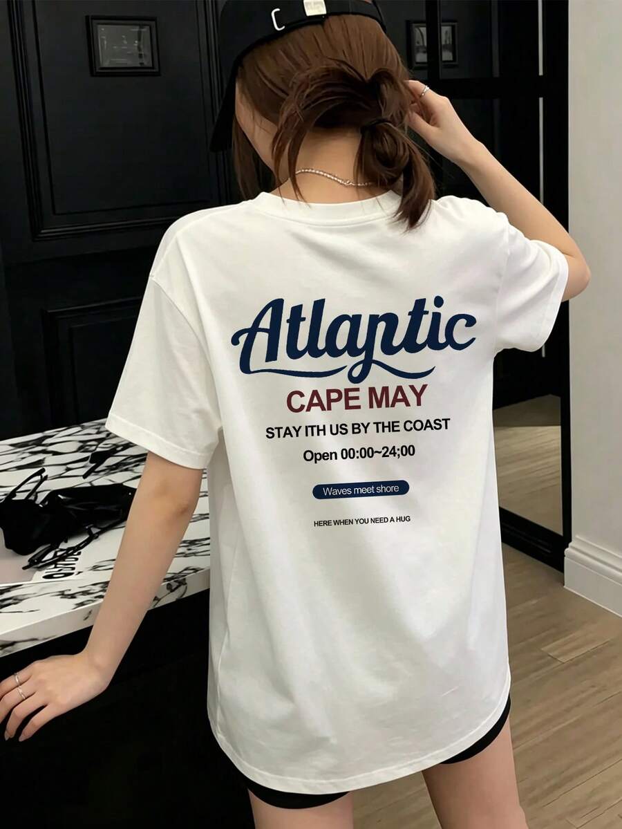 女款時尚夏季寬鬆圓領極簡百搭字母印花短袖T恤休閒白色 - 白色 - 查看 1