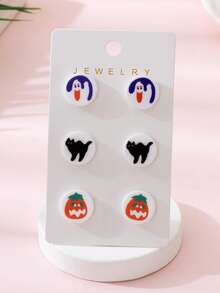 3 Pairs/Set Halloween Horror Witch Black Cat Pumpkin Design Women's Fashion Stud Earrings Set, Perfect Gift For Holiday Parties - Multicolor - View 2