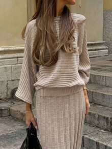 Women's Knitted Long Sleeve Batwing Sleeve Crew Neck Regular Fit Top, Suitable For Autumn/Winter Wear, Medium Stretch Comfortable Ribbed Knit Design - Khaki - View 3