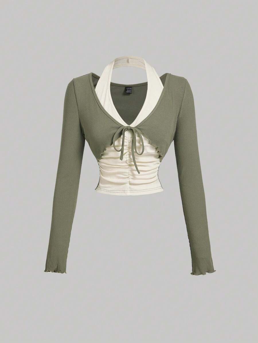 Camiseta de manga larga con cuello alto 2 en 1 color verde - Verde - Ver 1