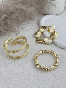 3pcs/Set Fashion Asymmetric Metal Bracelets, Bohemian Vintage Geometric Round Design Beaded Bracelet, Suitable For Women Daily Wear, Party, Holiday Gift, Jewelry Set - Gold - View 4