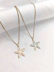 1pc Natural Style Stainless Steel Gold-Plated Blue & Pink Starfish Pendant Necklace, Unisex, Suitable For Daily Wear, Beach Vacation, Holiday, Niche Luxury, Simple & Versatile - Multicolor - View 4