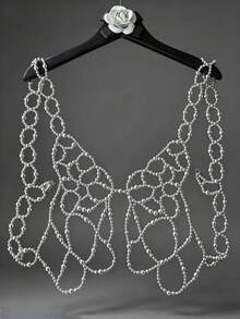 DEKUNER Corrente de corpo Y2K feita à mão com contas pretas em forma de borboleta, top harness de malha de rede oca em camadas, acessório de peito gótico ajustável - Preto - Ver 13