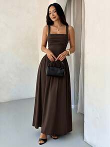 PETITE Vestido evasé de unicolor marrón café con cuello cuadrado elegante para mujer, primavera/verano - Café integral - Ver 1