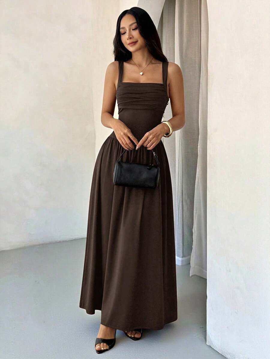 PETITE Vestido evasé de unicolor marrón café con cuello cuadrado elegante para mujer, primavera/verano - Café integral - Ver 1