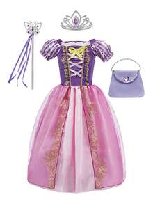 4pcs Girls Purple Floral Pattern Multi-Layer Tulle Skirt Short Sleeve Dress, Crown, Magic Wand, Handbag Set, Children's Role Play Costume Set For Christmas, Halloween, Party Dress-Up - Purple - View 14