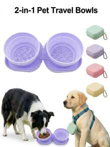 Pet Dog Travel Silicone Double Bowl, 2-In-1 Foldable Silicone Dog Bowl, Portable Easy-To-Clean Pet Feeding Device, Suitable For Travel, Outdoor Use, Pet Boarding, Training Feeding And Drinking - Multicolor - View 1