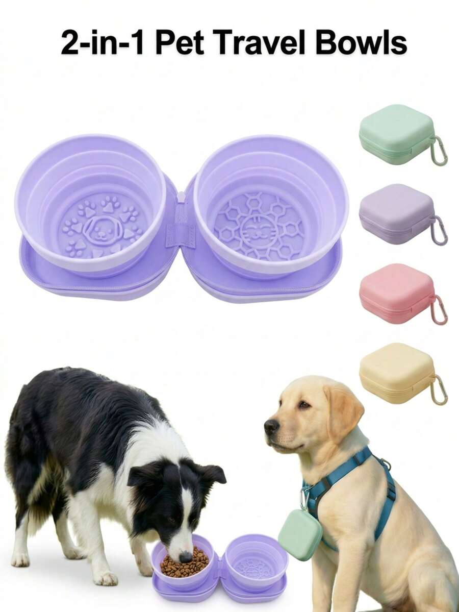 Pet Dog Travel Silicone Double Bowl, 2-In-1 Foldable Silicone Dog Bowl, Portable Easy-To-Clean Pet Feeding Device, Suitable For Travel, Outdoor Use, Pet Boarding, Training Feeding And Drinking - Multicolor - View 1