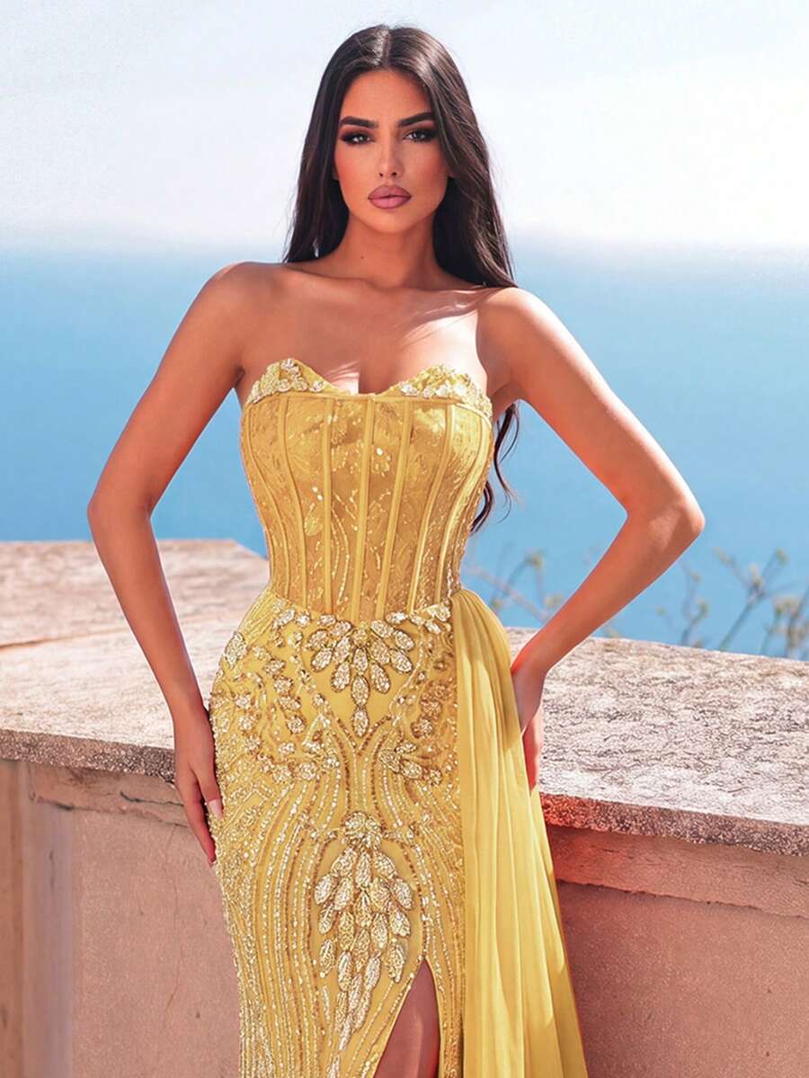 Beaded Mesh Strapless Bodycon Evening Gown With Exaggerated High Slit Design, Suitable For Banquets, Ceremonies And Anniversary Events Wedding - Gold - View 1