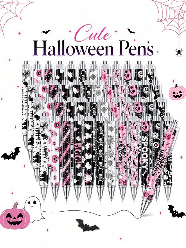 10pcs-Halloween Pens (Black & Pink Print), .Spooky Cute Pink & Black Halloween Theme Ballpoint Pens, Bulk Halloween Party Ballpoint Pens, Retractable Ballpoint Pens, Gothic Style Pink Halloween Ballpoint Pens, Classroom Rewards, Halloween Party Giveaway Stationery, School Office Stationery Gifts, Classroom Prizes, Halloween Candy Bag Fillers (Multi-Color)