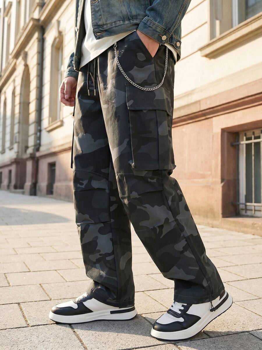 Pantaloni cargo casual da uomo taglie forti con mimetica, gamba dritta ampia, vita elastica con coulisse, pantaloni lunghi con tasche multiple - nero - Visualizzare 1