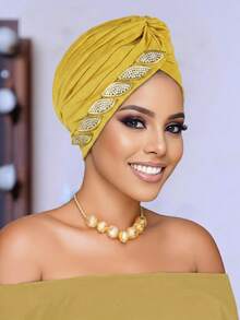 1PC Women's Rhinestone Leaf-Decorated Headscarf Cap, Stretchy African-Style Headscarf, Soft And Breathable, Suitable For Everyday Wear And Parties. - A - View 5