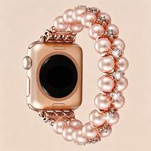 1pc Women Girls Double Row Pearl & Rhinestone Inlaid Beaded Watch Band Compatible With Apple Watch 38/40/41/44/45/49/42/46mm, Compatible With I-Watch Series 11/SE3/Ultra3/Ultra/SE/SE2/10/9/8/7/6/5/4/3/2/1, Handmade Elastic Smart Watch Band - Rose Gold - View 15