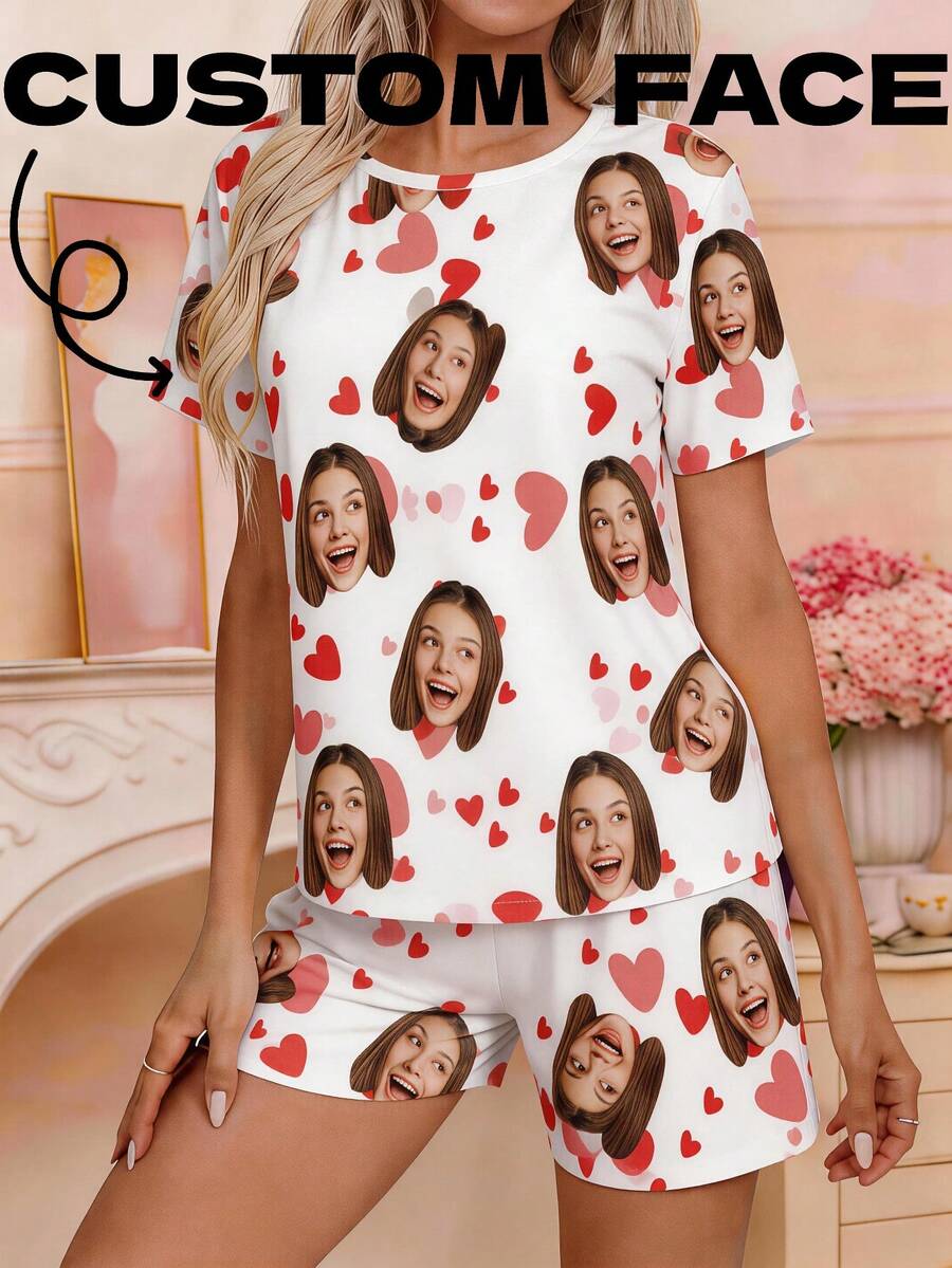 Women Two Pieces Short Pajama Set, White Base Decorated With Custom Face Prints And Red-Pink Heart Patterns, Made Of Soft Breathable Lightweight - Multicolor - View 1