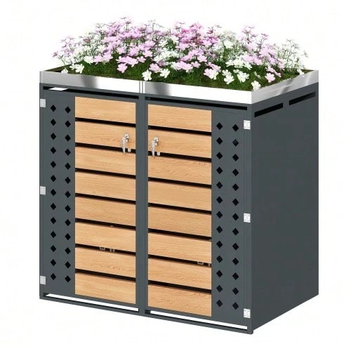 Garbage Can Enclosure, Horizontal Wood Grain Panels, Lockable, Two Doors, Planting Area, Diamond-Shaped Hollow Door Panel - Grey - View 1