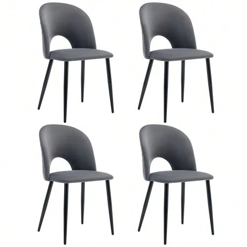 Set Of 4 Designer Dining Chairs, Upholstered And Featuring A Backrest, Velvet Seat, Metal Frame And Adjustable Feet. Diamond Pattern On The Backrest, Grey Color. - Grey - View 1
