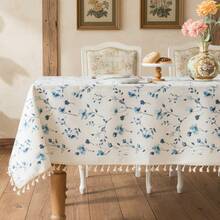 1pc Watercolor Rose & Wildflower Print Tassel Rectangular Tablecloth, Fresh Farmhouse Style Washable Dining Tablecloth, Suitable For Kitchen, Picnic, Dinner Party, Wedding, Indoor/Outdoor Use - Blue and White - View 7