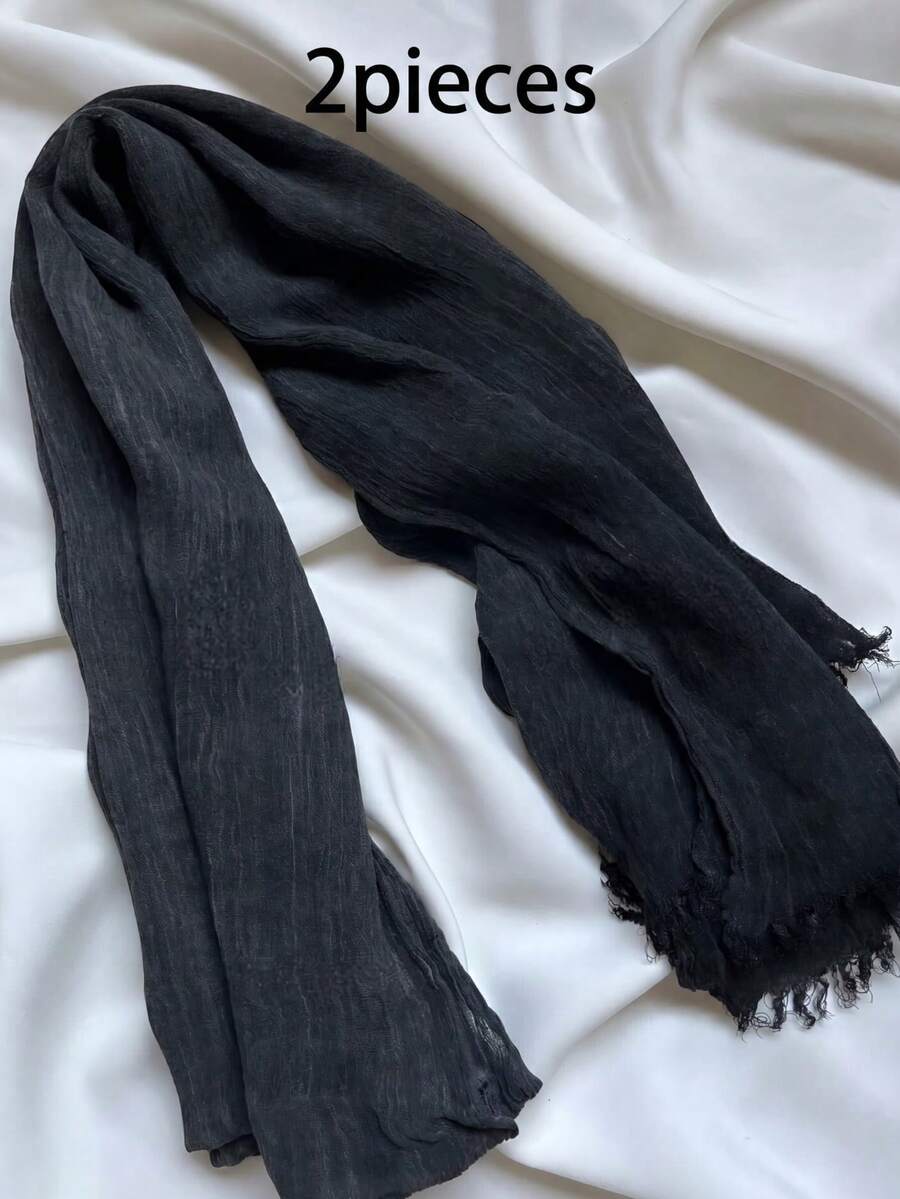 1pc Tie-Dye Arabic Hijab Thin Solid Color Lightweight Casual Long Scarf Suitable For Daily Use Riffeled Hijab - Black 2 Pieces - View 1