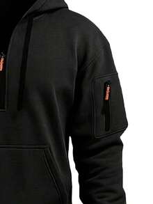 Sweatshirt berkerudung setengah resleting pria dengan tudung bertali, saku lengan berresleting, dan desain saku kanguru, cocok untuk berkemah, mendaki, dan berbagai aktivitas rekreasi luar ruangan. - Hitam - View 6
