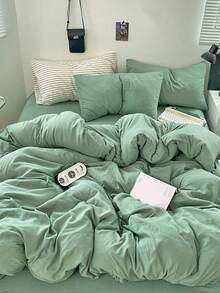 Juego de 3 piezas de funda nórdica de poliéster lavado con bloques de color azul & blanco, suave para la piel - verde menta - Ver 5