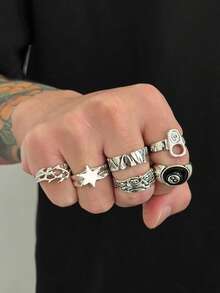 Set 6 buah cincin bergaya street punk modis dengan motif bintang dan geometris untuk pria, cocok untuk pemakaian kasual sehari-hari. - Antique Silver - View 6