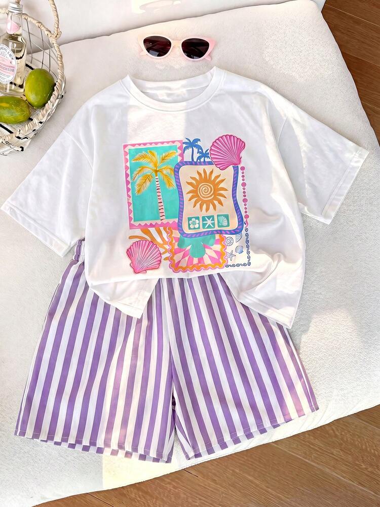 2pcs/Set Girls Vacation Style T-Shirt & Striped Shorts Set - Purple - View 1