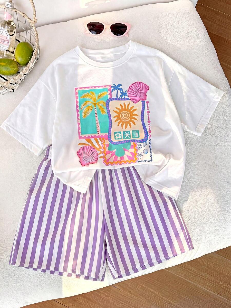 2pcs/Set Girls Vacation Style T-Shirt & Striped Shorts Set - Purple - View 1