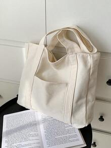 Bolso de Hombro de Lona de Color Sólido para Mujer, Estilo Primavera-Verano, Gran Capacidad, Casual y Tipo Tote - Verde - Ver 1