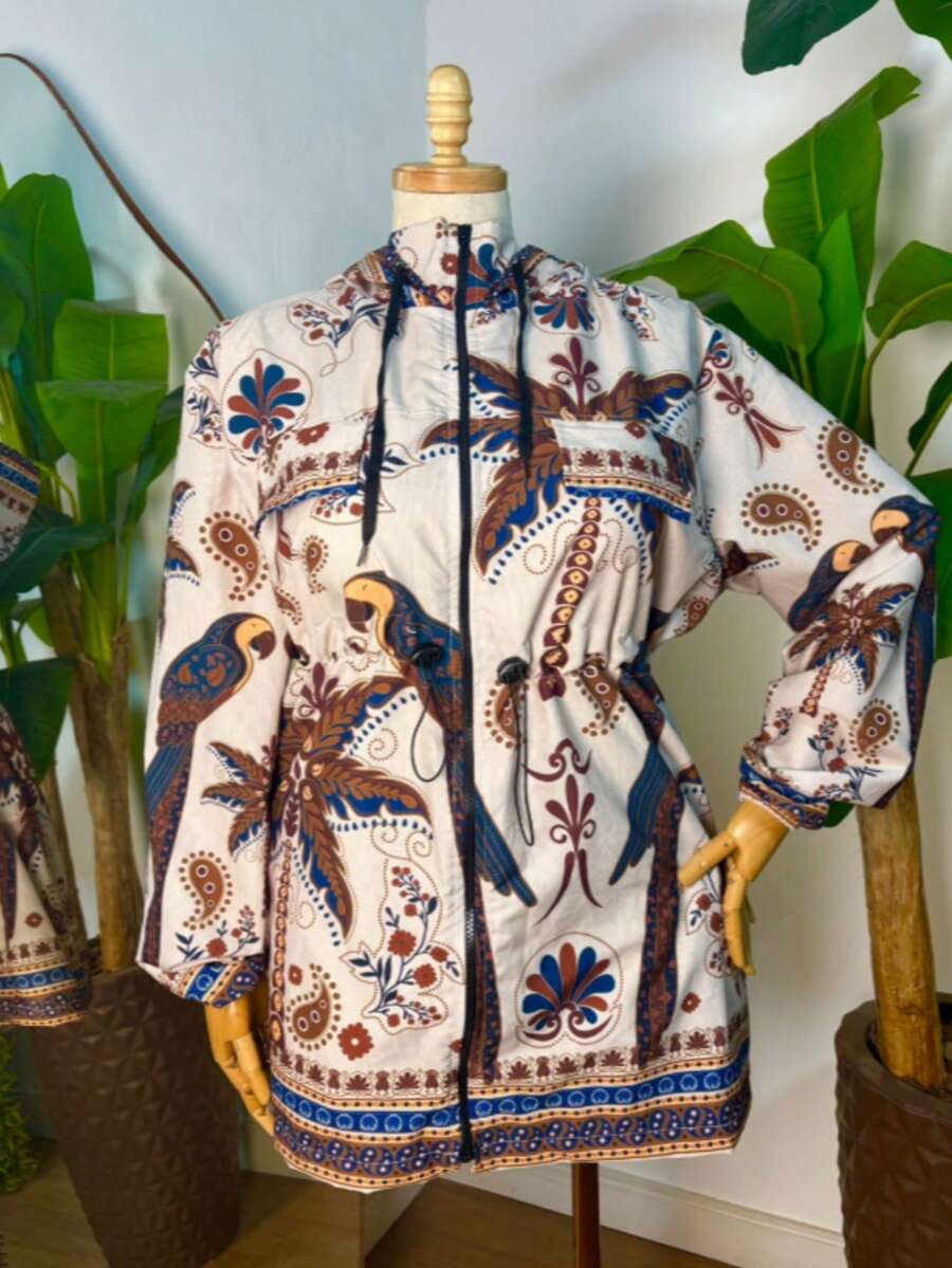 Plus Size Printed Windbreaker Jacket, Plus Size Parka, Nylon Blouse - 22 - View 1