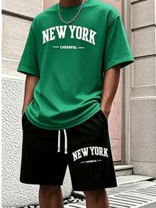 Men'S New York Casual Short Sleeve Black With White Lettering Casual Style| Comfortable Fit, PLUS SIZE  Men's Casual Outfit, Cotton Sportswear Set - 綠色 - 查看 3