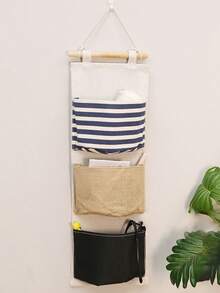 Plaid Linen 3-Pocket Hanging Storage Bag, Over-The-Door Organizer, Minimalist Fashion Hanging Pocket Storage Bag, Miscellaneous Items Handy Storage Bag, Foldable Storage Hanging Bag,Bedroom Room Decor,Back To School - Multicolor - View 5