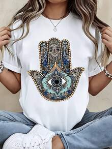 Camisa de Verano para Mujer con Estampado de Mano de Hamsa y Ojo, Manga Corta, Ropa Casual y Deportiva - Blanco - Ver 1