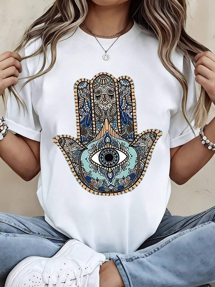 Camisa de Verano para Mujer con Estampado de Mano de Hamsa y Ojo, Manga Corta, Ropa Casual y Deportiva - Blanco - Ver 1