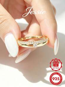 Jessie Jewelry 1pc Elegant Luxurious Shiny Textured 925 Sterling Silver Cubic Zirconia Wide Double Layer Design Ring For Women, Dating Party Gift - Double Layer - View 1